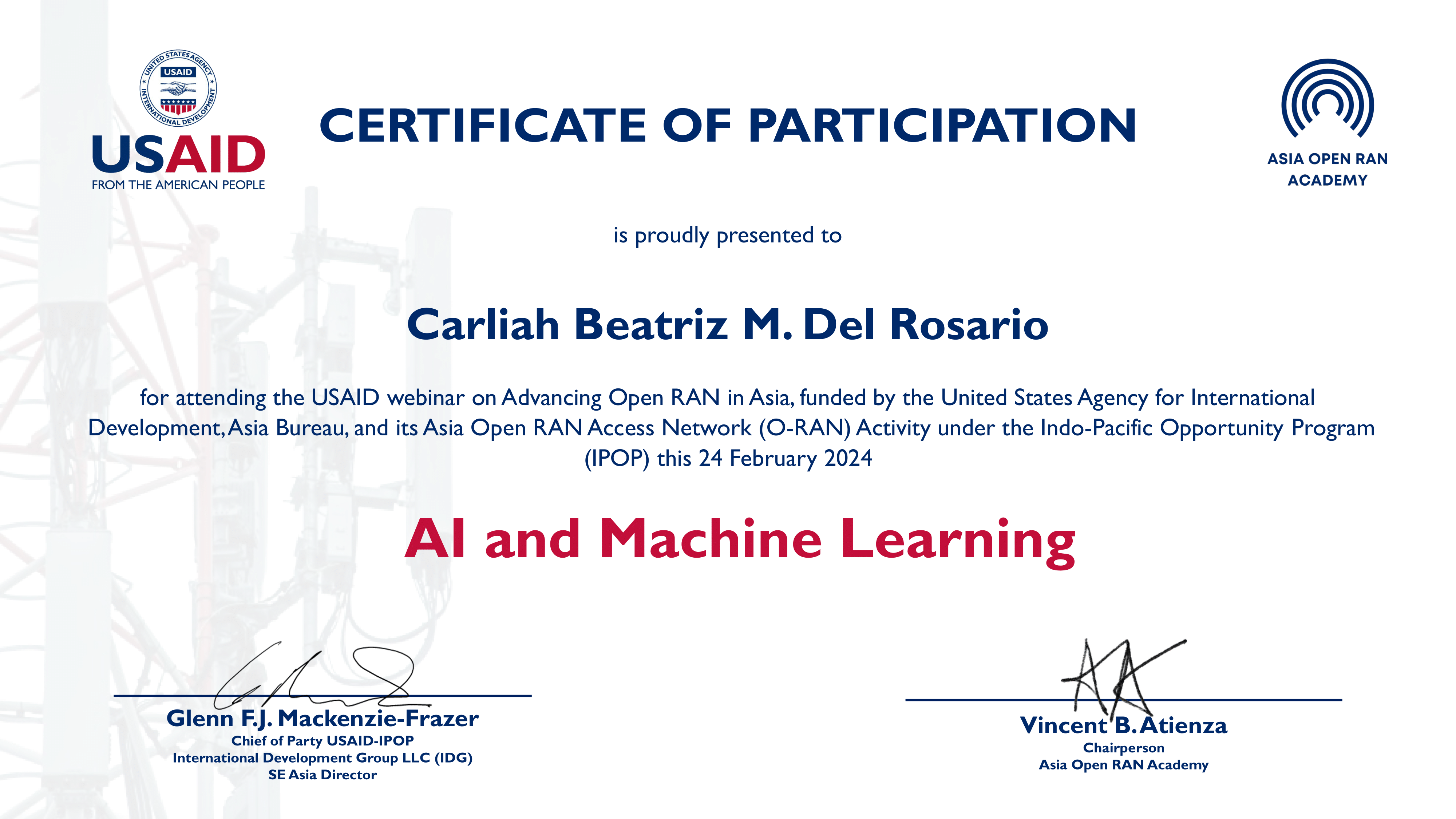 Certificate of AI and Machine Learning from ASIA OPEN RAN ACADEMY: CERTIFICATE OF PARTICIPATION